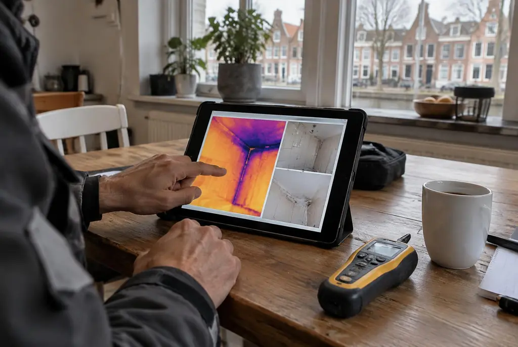 Lekdetectie Hillegom – lekdetectierapport met warmtebeelden en foto's op een tablet