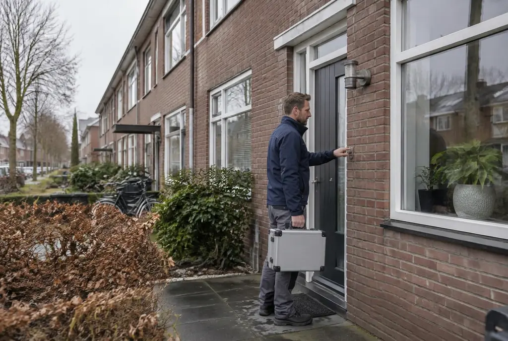 Lekdetectiespecialist met meetkoffer bij de voordeur van een woning in Hillegom